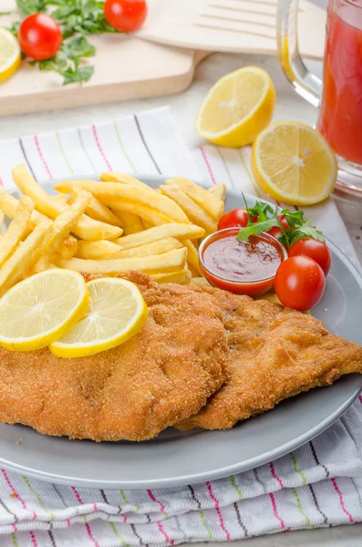 Schnitzel com batatas fritas e um molho picante — Fotografia de Stock