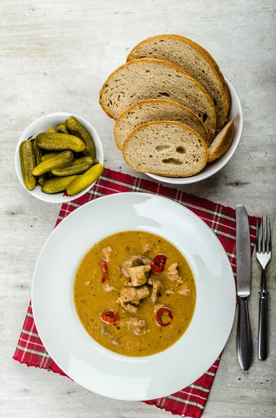 Varkensvlees stoofpot en zelfgebakken brood en augurken — Stockfoto