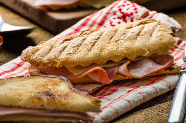 Quick dinner, toast with ham and cheese — Stock Photo, Image