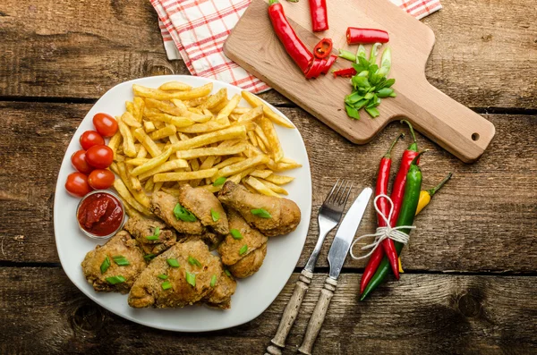 Fried chicken, chilli fries and dip — Stock Photo, Image