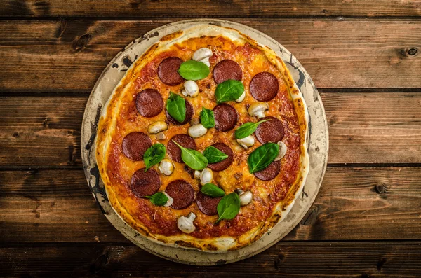 Rustic pizza with salami, mozzarella and spinach — Stock Photo, Image