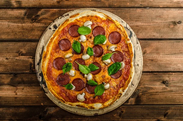 Rustic pizza with salami, mozzarella and spinach — Stock Photo, Image