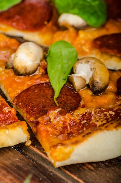 Rustikální pizza se salámem, mozzarellou a špenát — Stock fotografie