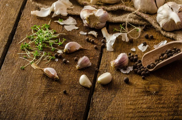 Domestic bio garlic - Czech, spices and fresh microgreens Domestic bio garlic — Stock Photo, Image