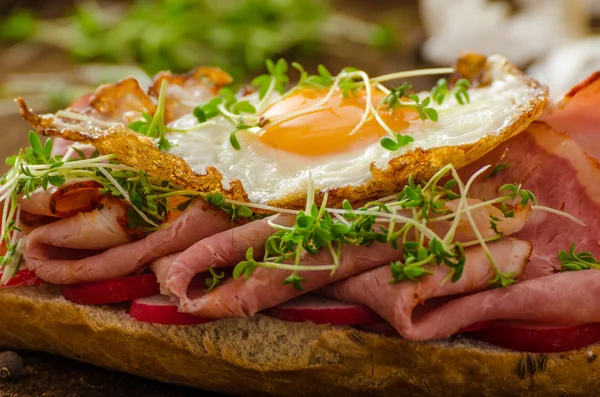 Smoked ham sandwich, rustic bread — Stock Photo, Image