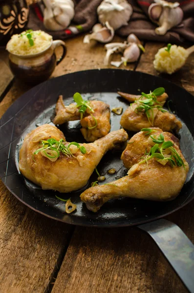 Bio roast chicken with herbs and garlic, couscous — Stock Photo, Image