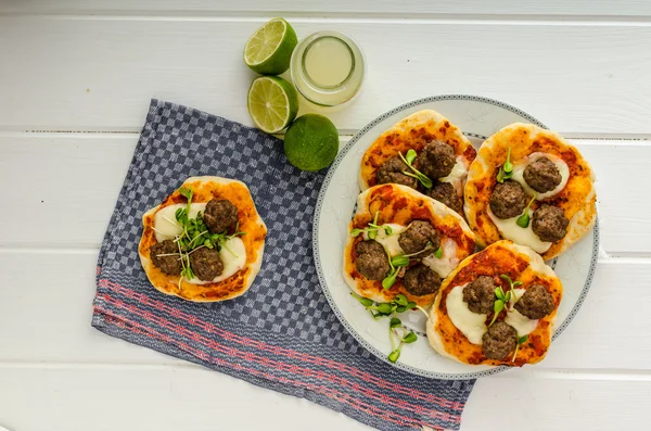 Mini pizza with meatballs — Stock Photo, Image