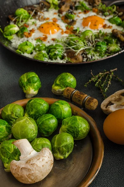 Vegetable omelet with bulls eye egg and sprouts — Stock Photo, Image