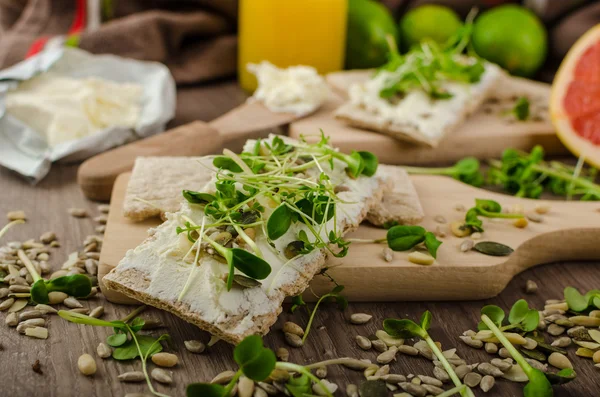 Desayuno saludable, Pan crujiente con queso crema ecológico —  Fotos de Stock