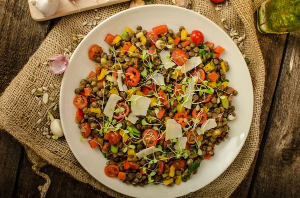 Salada quente de lentilhas, bio saudável — Fotografia de Stock