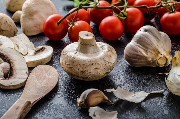 Bio garlic, spices and wild mushrooms from the home garden — Stock Photo, Image