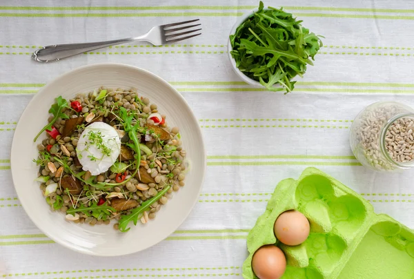 Ensalada de lentejas con huevo escalfado — Foto de Stock