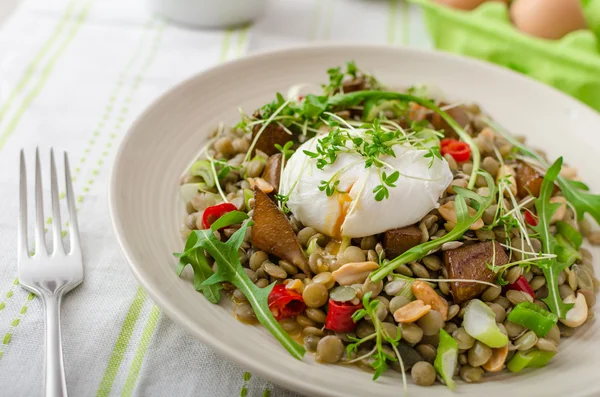 Linssoppa sallad med pocherat ägg — Stockfoto