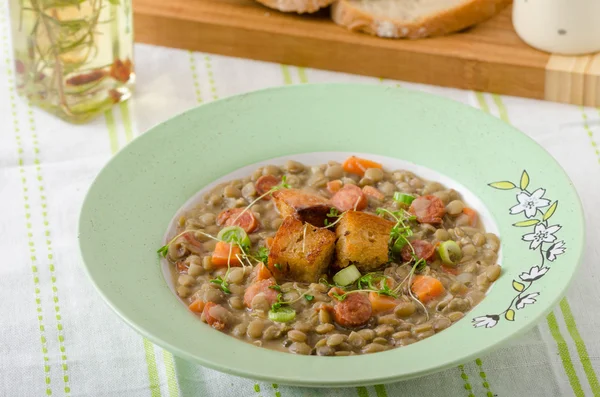 Lentil soup with Viennese sausage — Stock Image Lentil soup with Viennese sausage Royalty Free Stock Photos