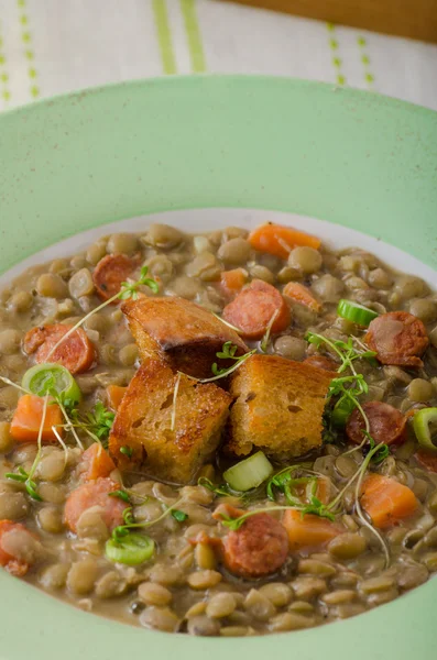 Lentil soup with Viennese sausage — Stock Image Lentil soup with Viennese sausage Royalty Free Stock Photos