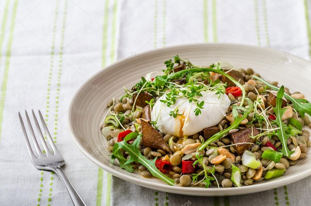 Lentil salad with poached egg — Stock Photo © Peteer #68881881