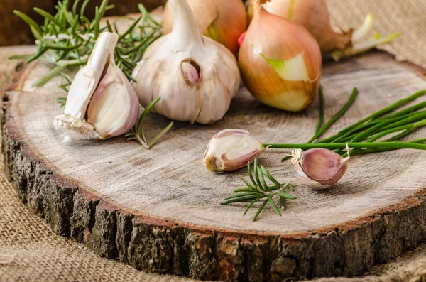 Onions, garlic and herbs bio from the garden — Stock Photo, Image