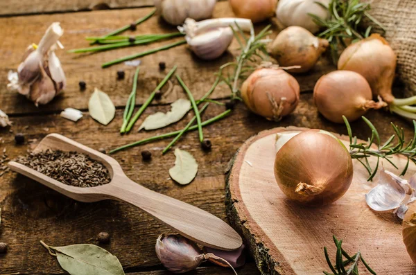 Onions, garlic and herbs bio from the garden — Stock Photo, Image