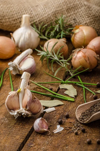 Onions, garlic and herbs bio from the garden — Stock Photo, Image
