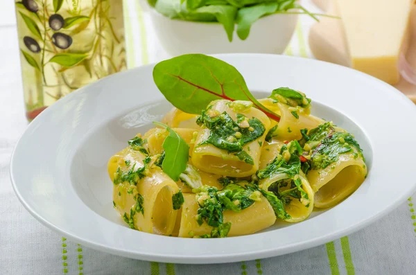 Rigatoni z pesto czosnek i zioła — Zdjęcie stockowe