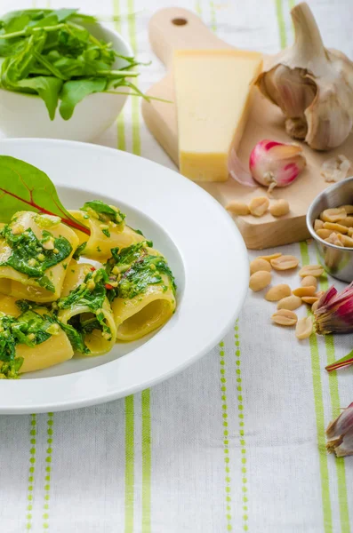 Rigatoni med vitlök och örter pesto — Stockfoto