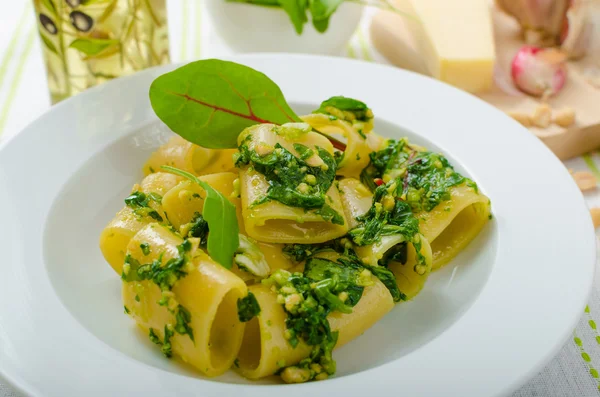 Rigatoni met knoflook en kruiden pesto — Stockfoto