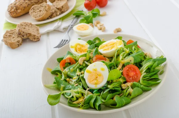 Salada de alface de cordeiro com ovos e nozes — Fotografia de Stock