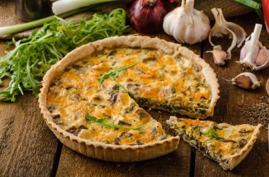 Cheese Quiche with chicken, arugula and mushrooms clipart