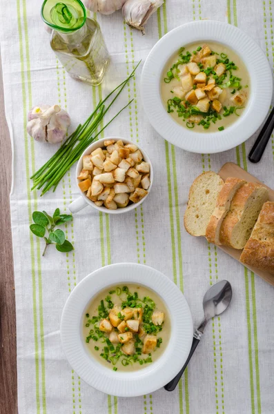 Knoflooksoep met croutons, lente-uitjes en bieslook — Stockfoto