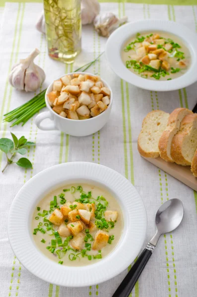 Knoblauchsuppe mit Croutons, Frühlingszwiebeln und Schnittlauch — Stockfoto