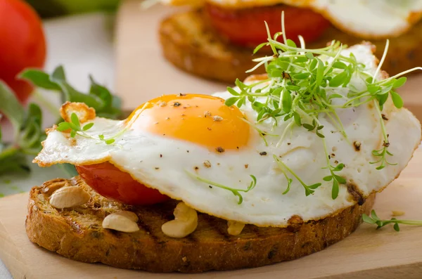 Hälsosam middag panini rostat bröd, ägg och grönsaker — Stockfoto