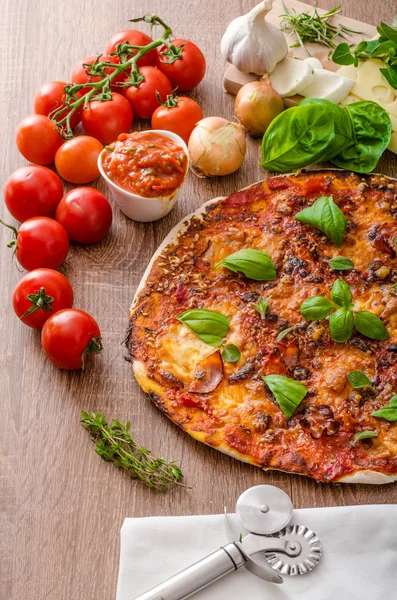 Cheese pizza with chilli and basil — Stock Photo, Image