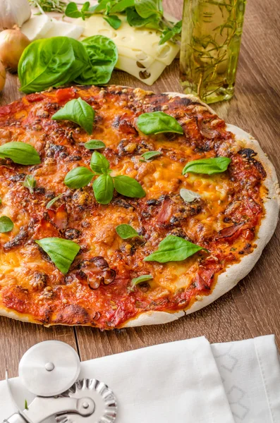 Cheese pizza with chilli and basil — Stock Photo, Image