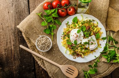 Spring salad of lentils with poached egg clipart