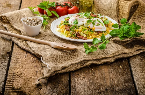 Spring salad of lentils with poached egg — Stock Photo, Image