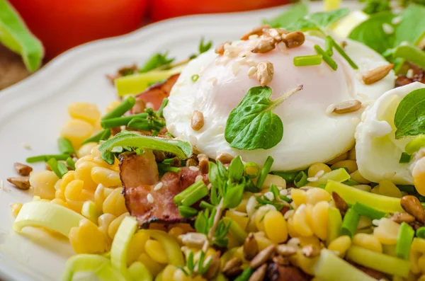 Spring sallad på linser med pocherat ägg — Stockfoto