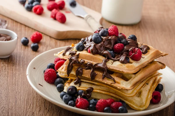 Meyve ve çikolata ile ev yapımı Belçika waffle — Stok fotoğraf