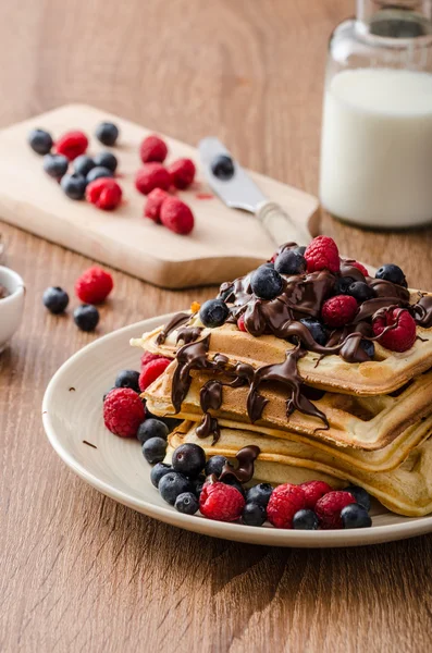Waffles belgas caseiros com frutas e chocolate — Fotografia de Stock
