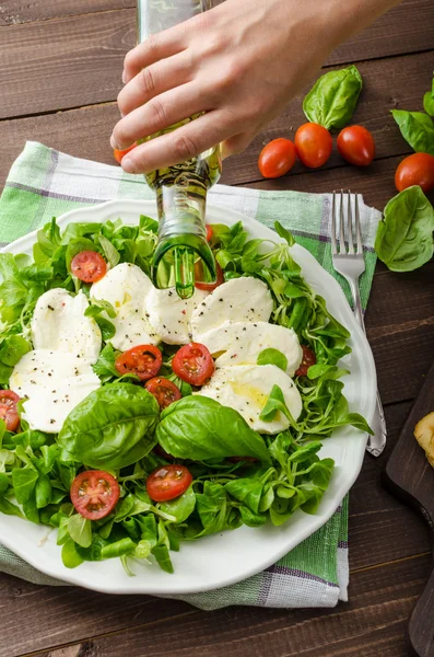 Mozzarella peyniri, domates ve fesleğen ile kuzu 's marul salatası — Stok fotoğraf