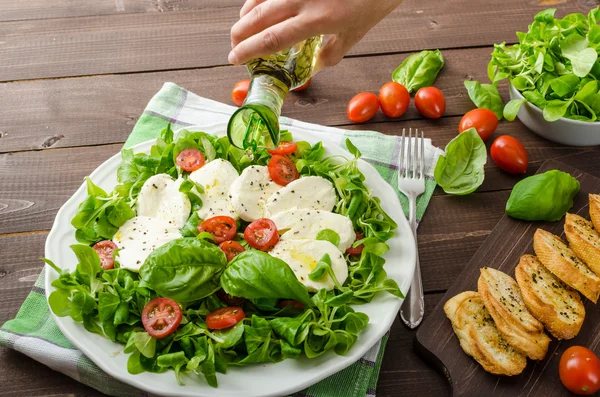 Salade de laitue d'agneau avec mozzarella, tomate et basilic — Photo