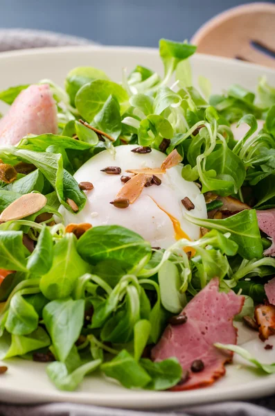 Lamb's lettuce salad with poached egg and nuts — Stock Photo, Image