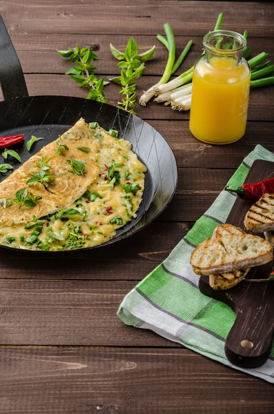 Kaas omelet met lente-uitjes, kruiden en Spaanse peper — Stockfoto