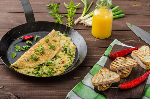 Újhagyma, a gyógynövények és a chili sajt omlett — Stock Fotó