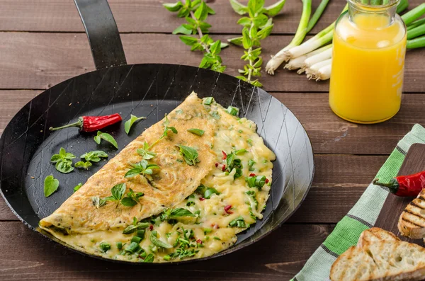 Újhagyma, a gyógynövények és a chili sajt omlett — Stock Fotó