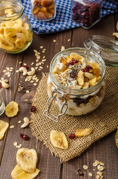 Hemgjord yoghurt med müsli, torkad frukt och nötter bio — Stockfoto