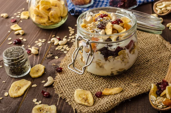 Yaourt maison au granola, fruits secs et noix bio — Photo