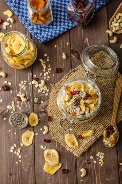 Zelfgemaakte yoghurt met muesli, gedroogde vruchten en noten bio — Stockfoto