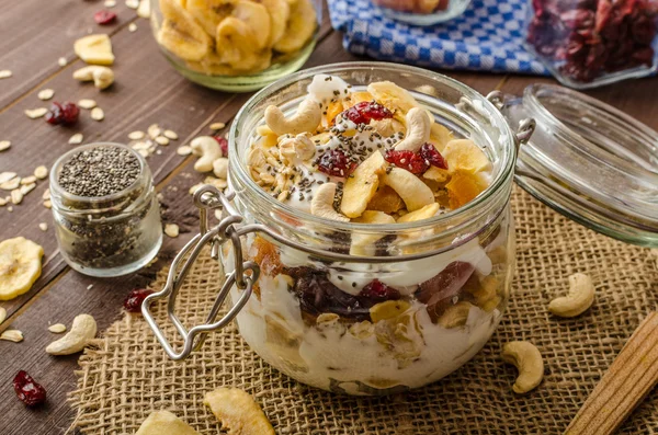 Yogur casero con granola, fruta seca y frutos secos bio — Foto de Stock