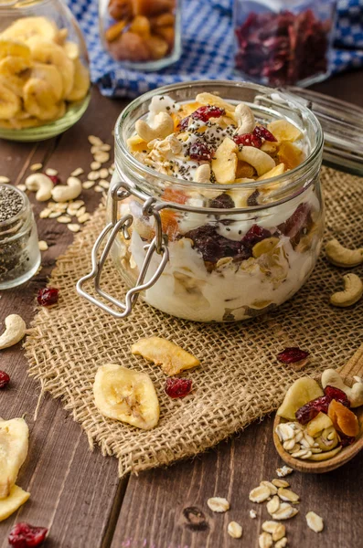 Yogur casero con granola, fruta seca y frutos secos bio — Foto de Stock