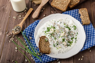 Ev yapımı yoğurt dip mavi peynir ve Frenk soğanı